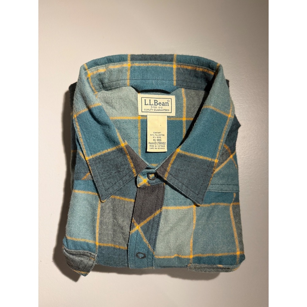 LL Bean Mens XL Blue Yellow Plaid Snap Flannel Shirt Elbow Patches 298102